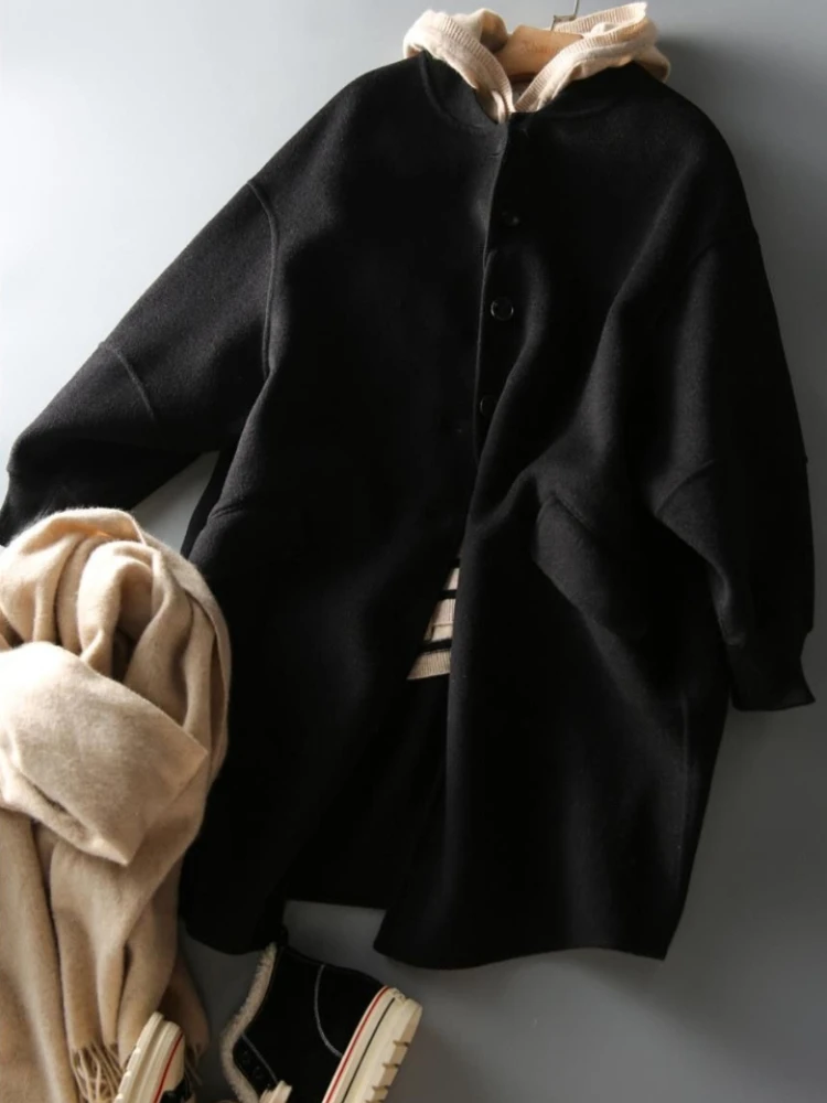 

Stylish Black Wool Coat for Women 2025 Autumn Mid Length Slim Fit Trendy Casual Multipurpose Tweed Overcoat