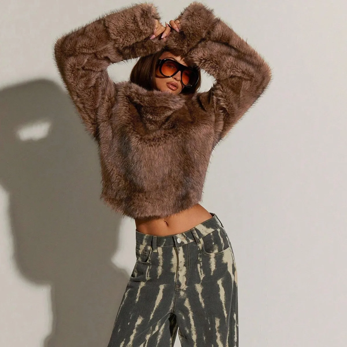 IG Women High Stand Collar Faux Fur Cropped Jacket, Long Sleeve Fluffy Short Coat, Winter Warm Casual Y2K Street Style Outerwear