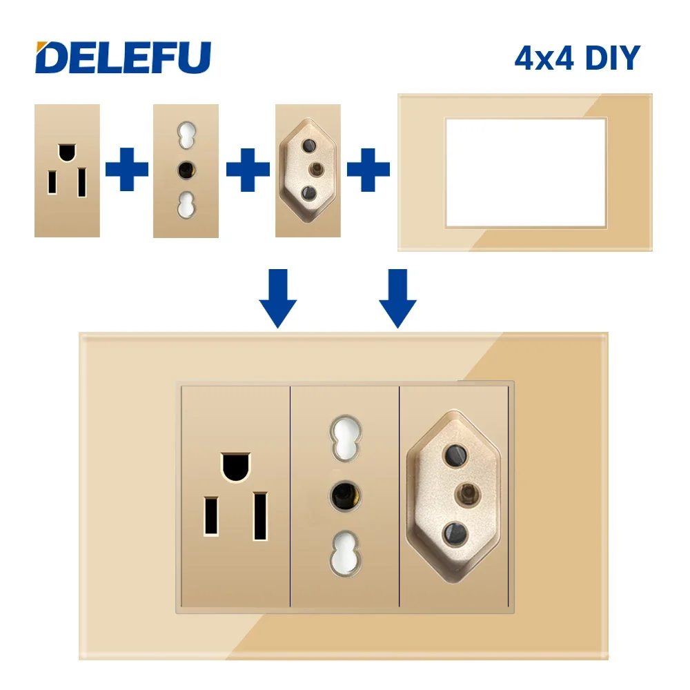 DELEFU Brazil Italy USA EU Standard Socket Switch USB Fast charging Type C key DIY 4*2 4*4 Panel function module Gold