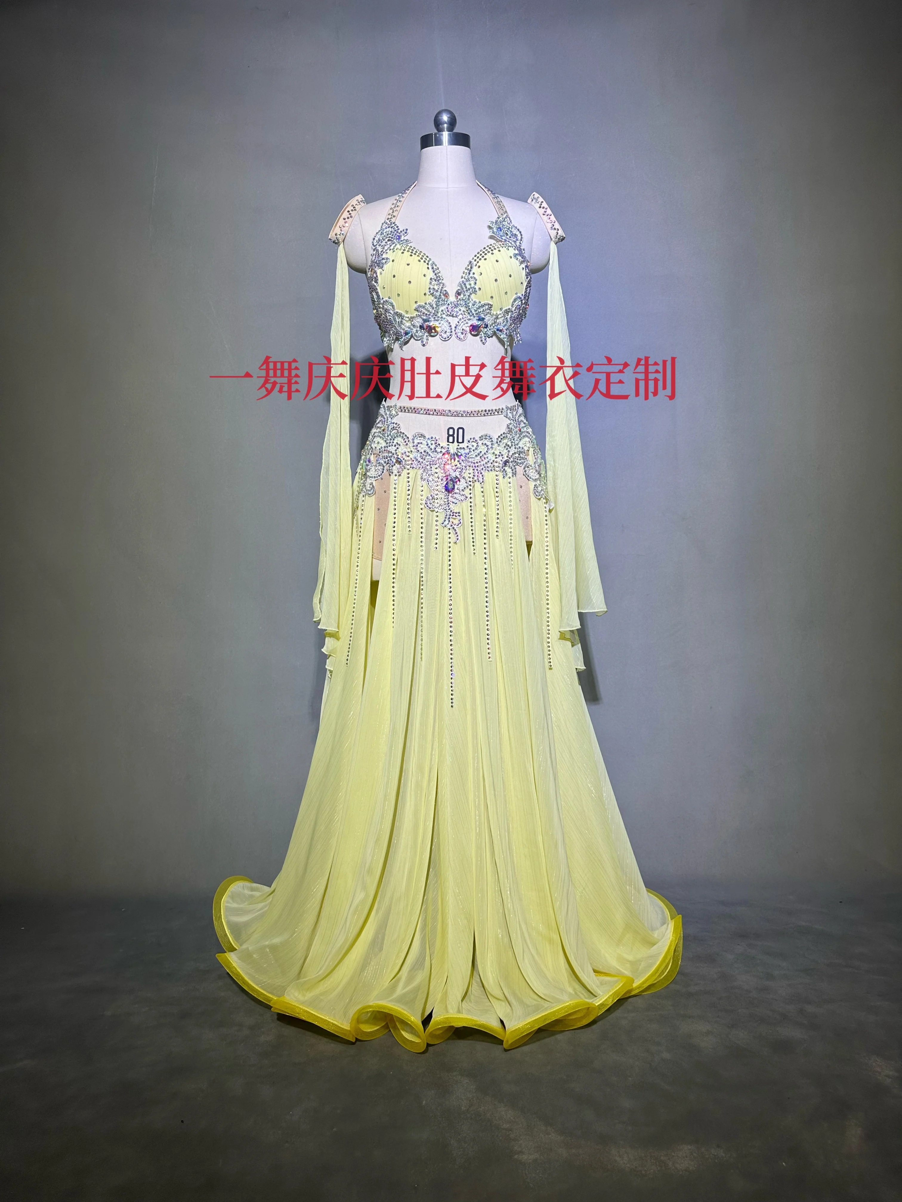 Zestaw kostiumu tancerki brzucha na zamówienie dla dorosłych i dzieci, stanik do tańca brzucha + długa spódnica z szyfonu + akcesoria dla kobiet, strój do tańca orientalnego