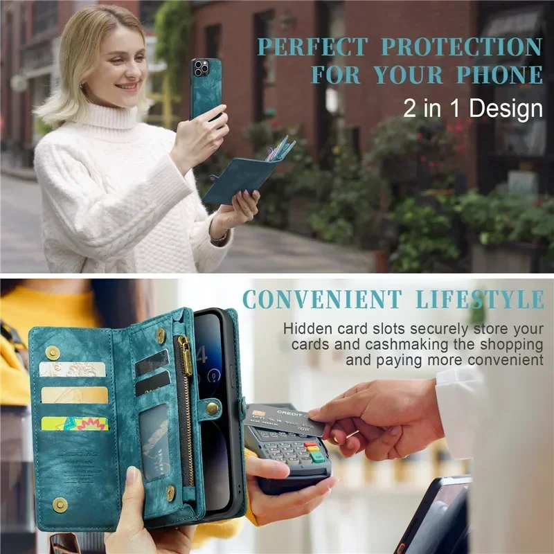 Magnetic Flip Leather Phone Case for iPhone 12 11 13 14 15 Pro Max XS XR X SE 2022 8 Plus Zipper Wallet Card Cover Hoesje image 2