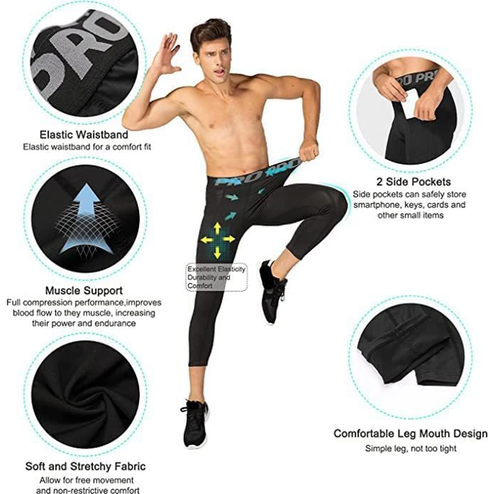 3/4 Compression Pants Men Quick Drying Gym Workout Leggings Basketball Running Athletic Sports Training Base Layer Bottoms