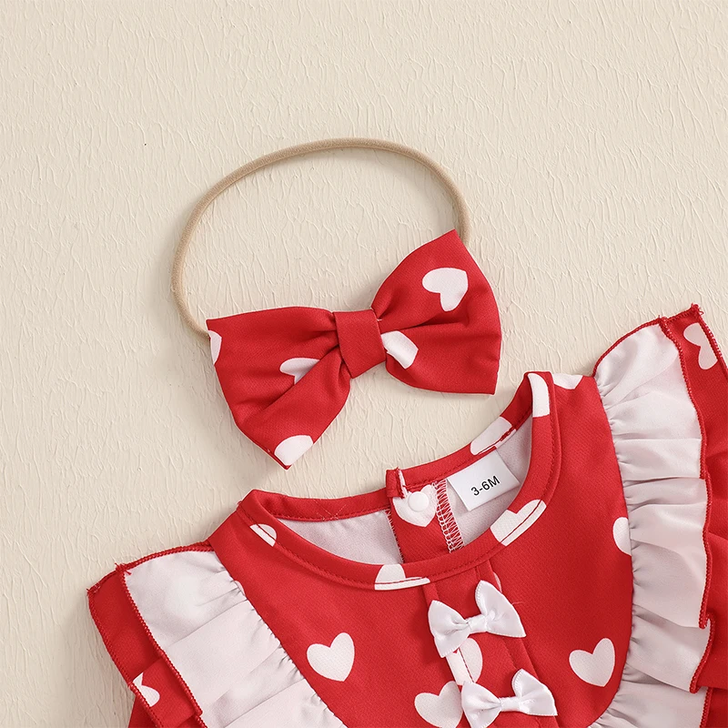 Baby Girl Heart Romper Dress Ruffled Long Sleeve Jumpsuit Bow Headband Valentine s Day Outfits