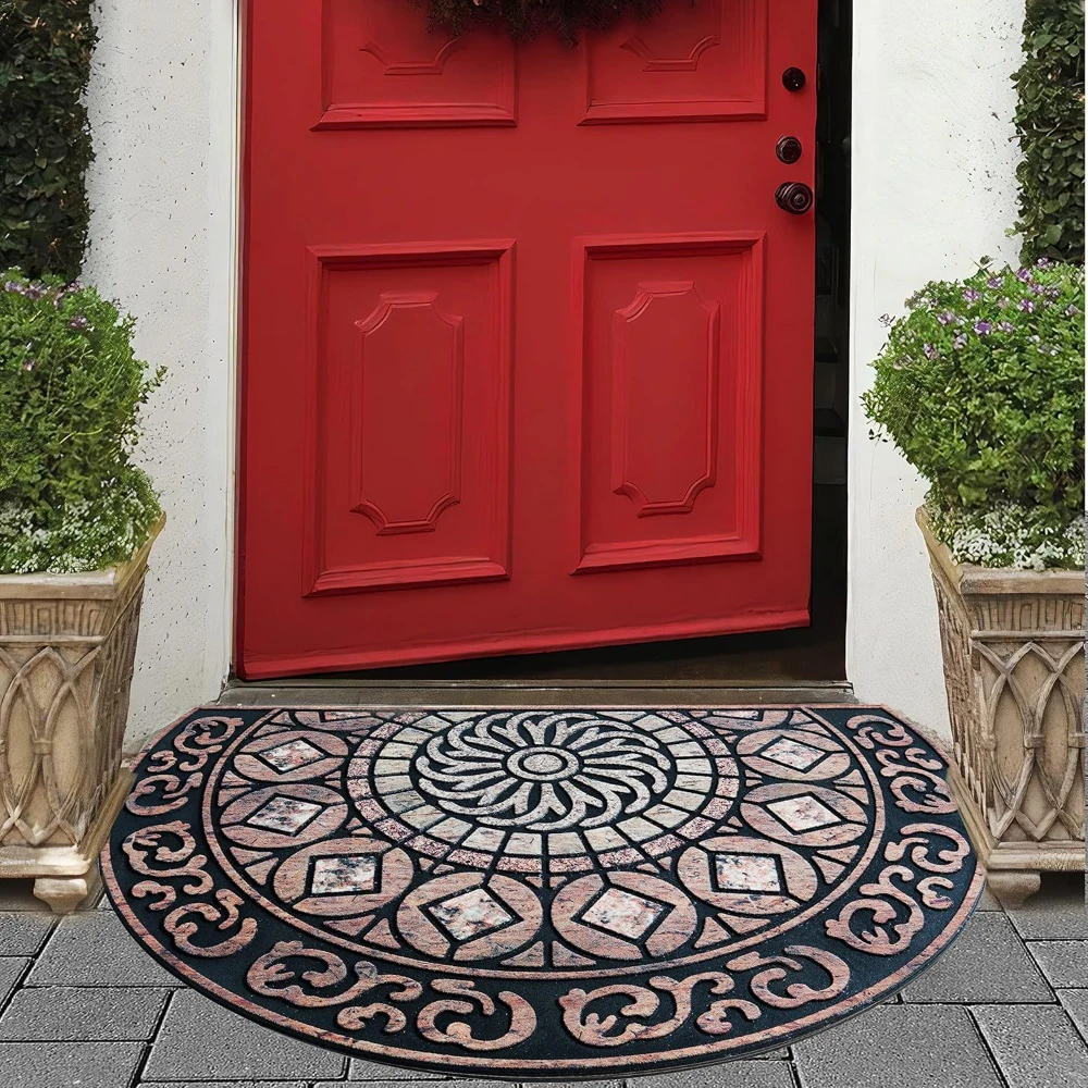 Dark Scroll Stone Mosaic Floral Semi Circle Doormat Non Slip Floor Mat for Front Door Entry Vintage European Home Decor
