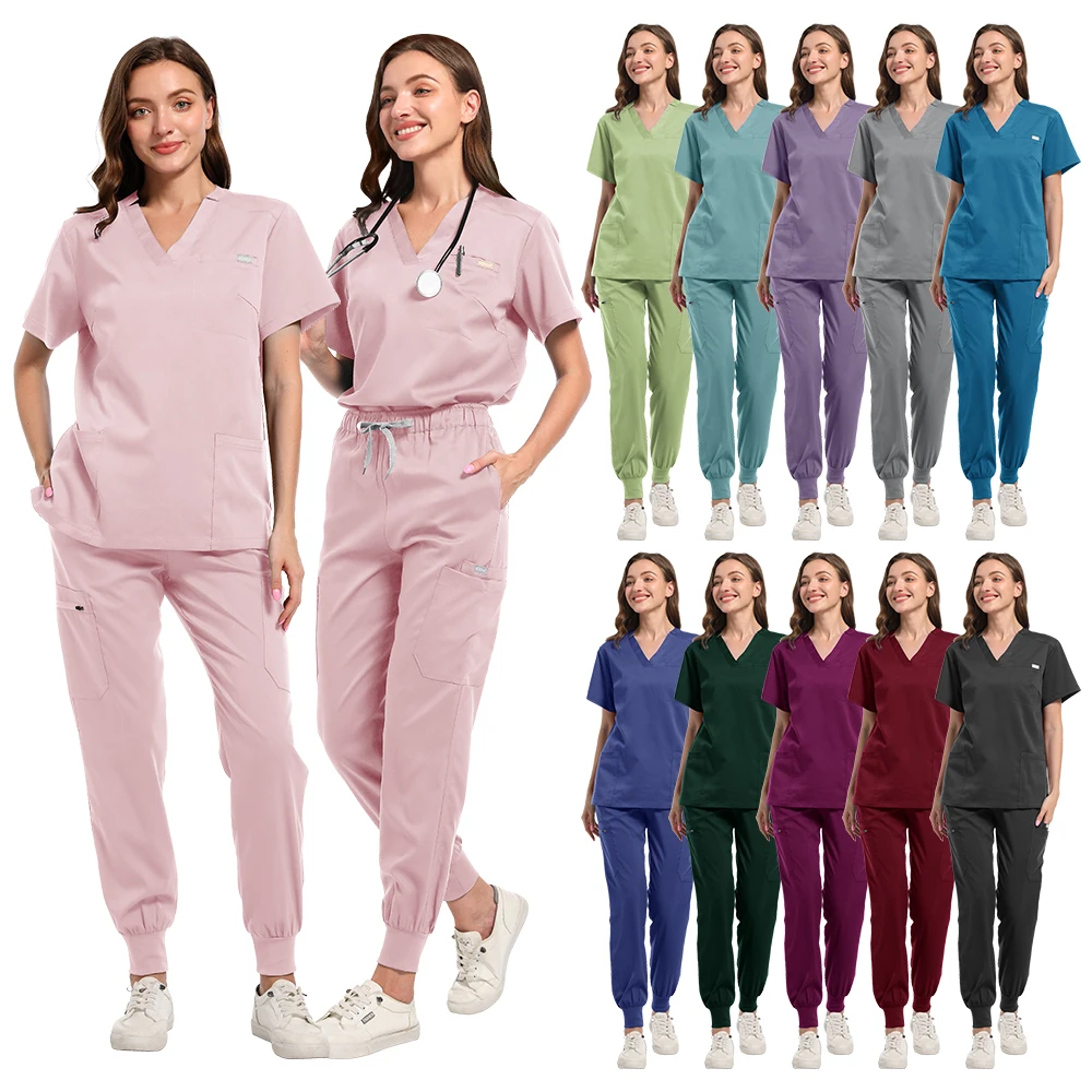 Multicolour Jogger Suits Doctor Nursing Uniforms Short Sleeve V-neck Tops Pocket Pants Nurse Scrubs Set Medical Clinical Clothes