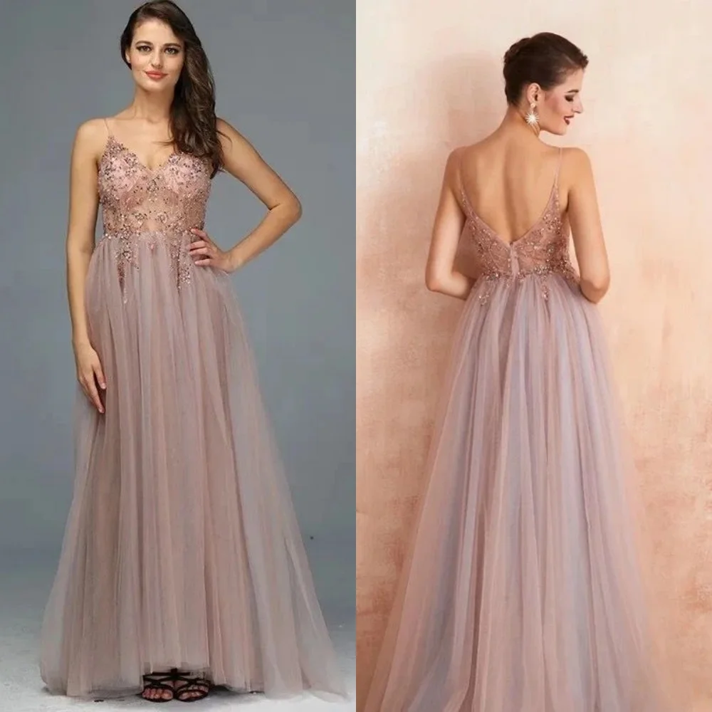 Yipeisha Prom Dress Exquisite Spaghetti Strap A-line Floor Length  Dresses Rhinestone Beading Tulle Customized 