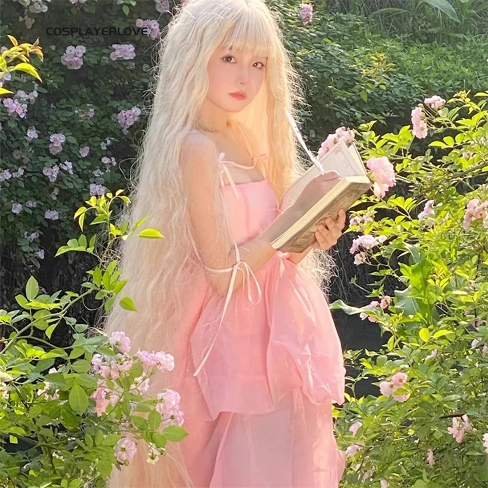 Couvre-chef Long lolita Extra long avec ondulation d'eau, couvre-chef en or blanc clair pour Cosplay Halloween carnaval