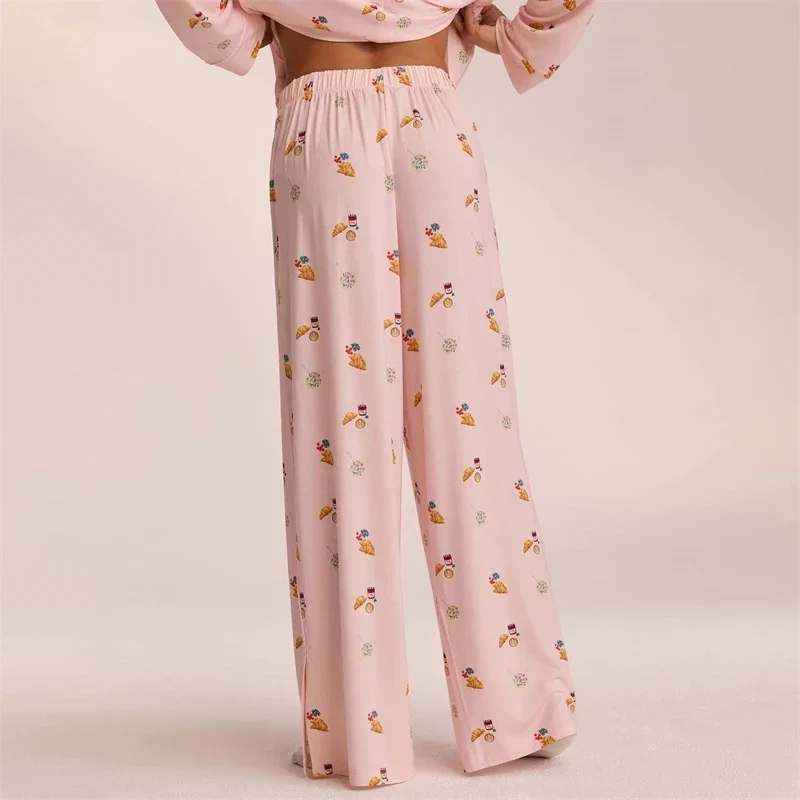 Women’s 2 Piece Pajama Set Long Sleeve Breakfast Print Pocket Shirt Pants Set Loungewear
