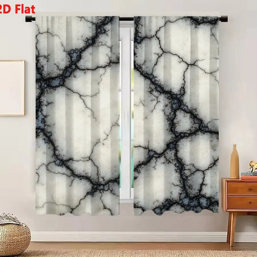 2Pcs Curtains 2D Flat White Marble Surface With Intricate Dark Veining Patterns Window Drapes for Bedroom Room Decor Decoration