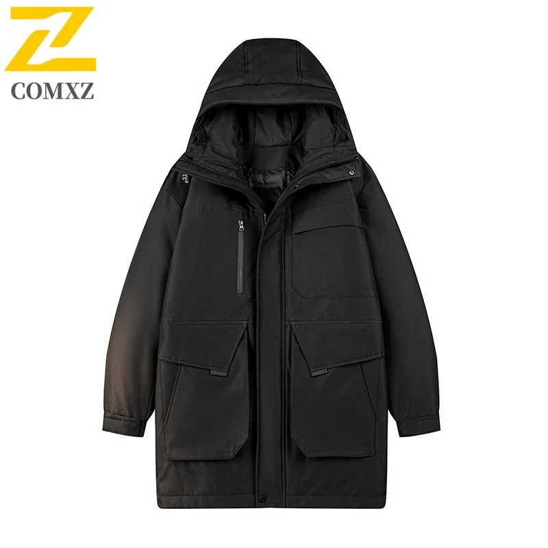 COMXZ Men Long Down Parka Multi Pocket Hooded Ski Travel Warm Loose Snow Padded Jacket Windproof Street Classic Winter Jackets