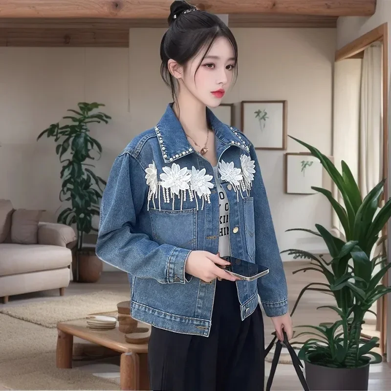 Pop Heavy Industry 3D Flower Nail Bead Hot Diamond Cowboy Coat For Women's Spring And Autumn 2025 New High End Versatile Jacket