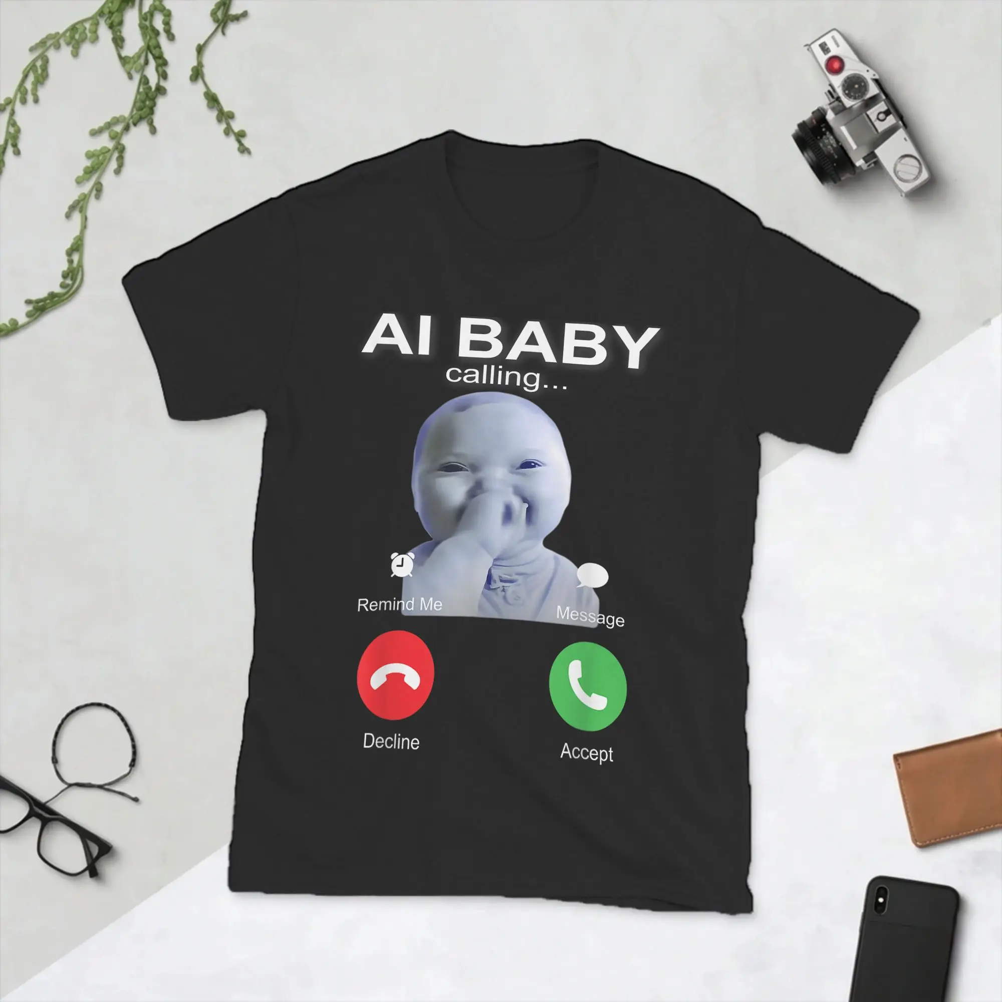 Ai Baby Holding Laugh Phone Calling Meme Men's T Shirts  Vintage Tees Short Sleeve Crewneck T-Shirt Cotton Birthday Present Tops