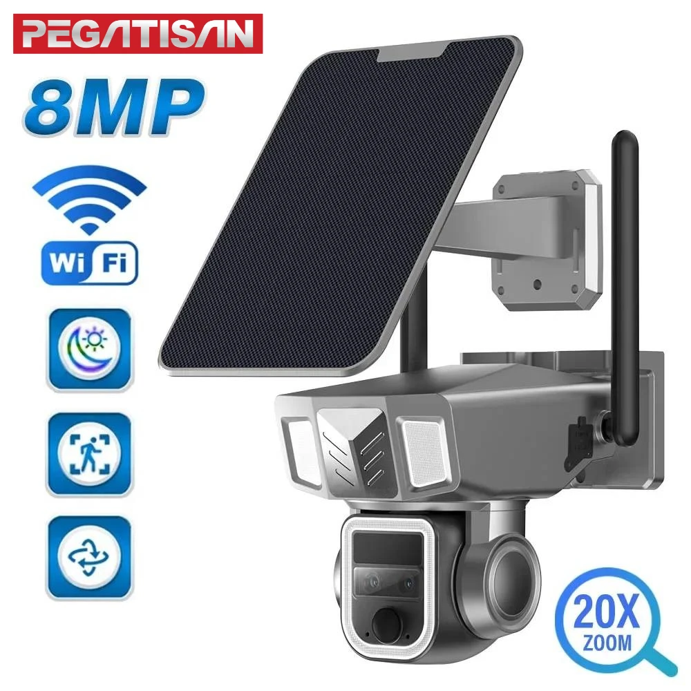 8MP Dual Lens Solar Camera 20X Zoom 4K WiFi Solar Cam PIR Human Detection PTZ Security Outdoor Surveillance Waterproof Cameras