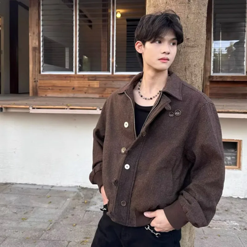WVGA 2026 Spring Autumn New Men's American Style Melard Button Trendy Jacket Niche Chic Casual Turn-down Collar Coats Ins W26949