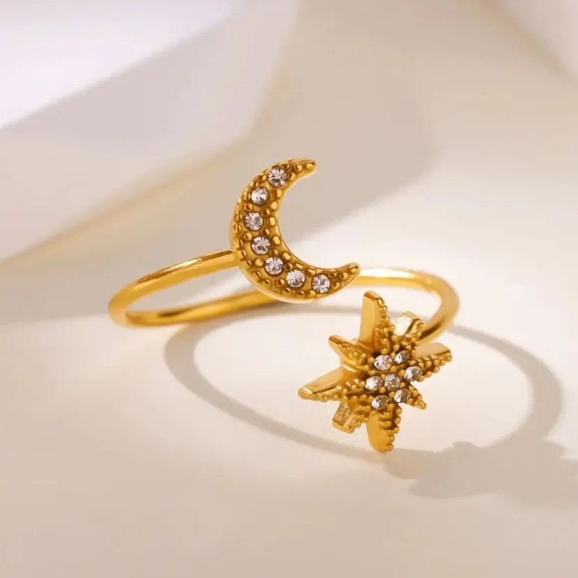 لذيذ الزركون نجوم والقمر خواتم للنساء الفولاذ المقاوم للصدأ الذهب اللون هندسية نجوم خاتم مجوهرات الزفاف الجمالية