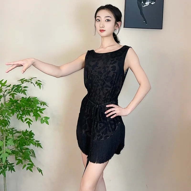 Femmes noir Camisole robe de danse latine 2025 été Sexy dos nu gland jupe adulte Cha Cha vêtements d'entraînement jupe à franges