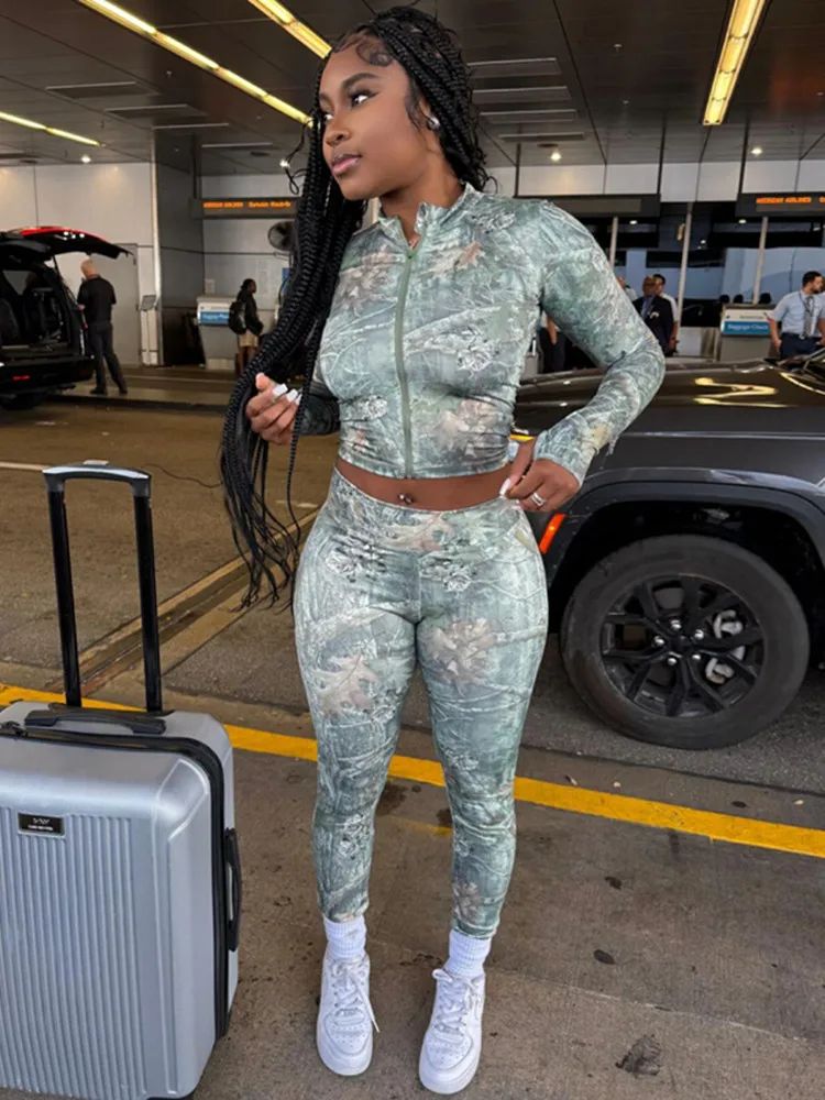 

BKLD Summer 2026 New Fashion Printed Slim Fit Long Sleeve Crop Tops Zipper Cardigan And Pants Two Piece Sets Women Outfits