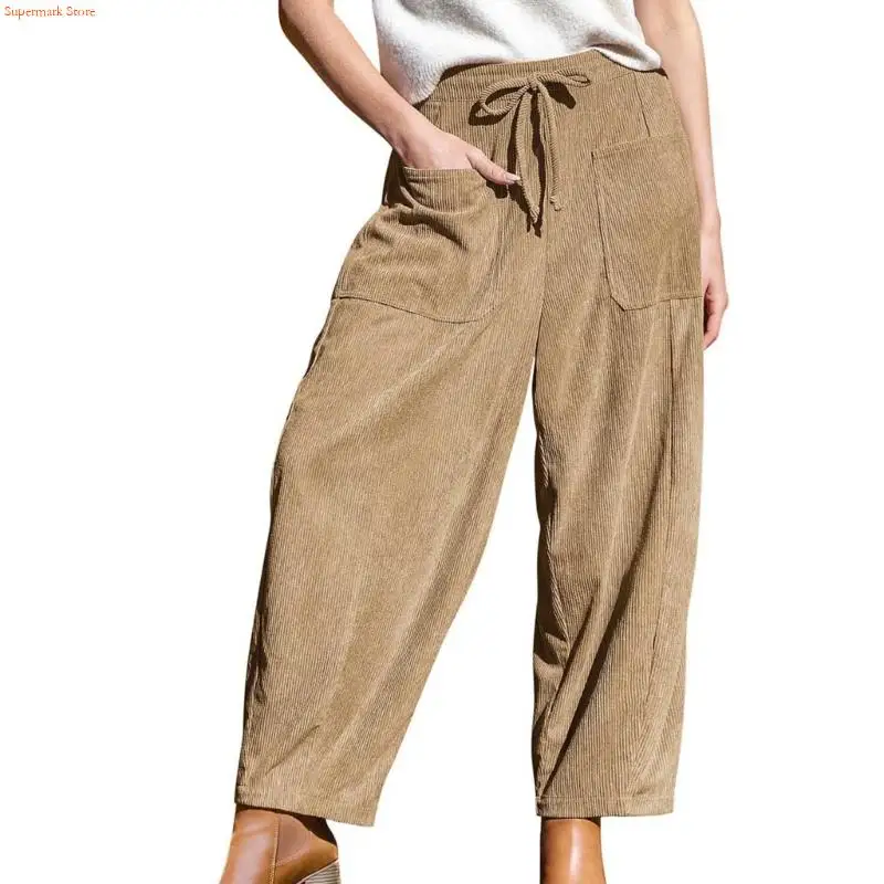 Q5WE Pantaloni velluto a coste da donna Pantaloni larghi a gamba larga Pantaloni Harem a gamba larga con elastico in con