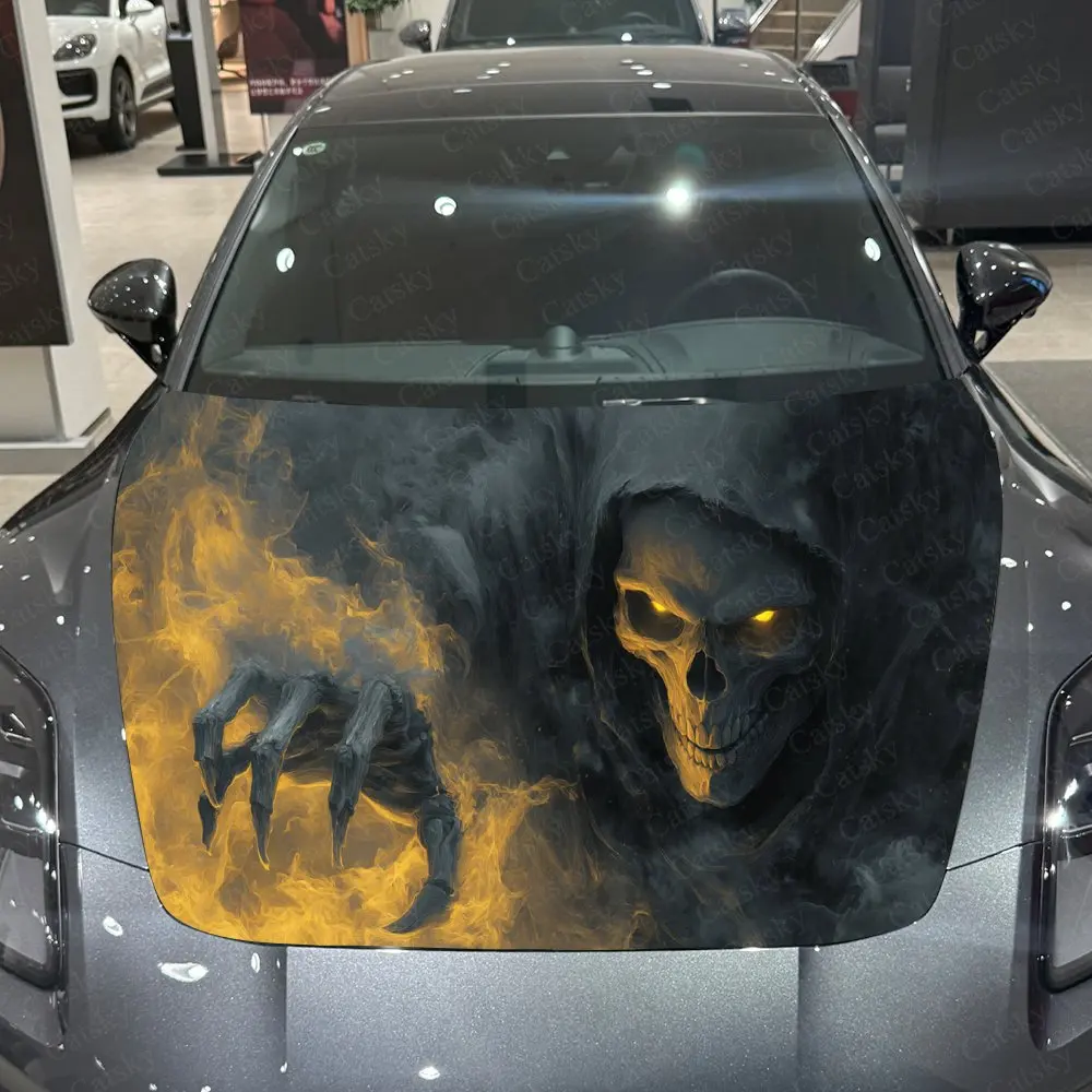 Dark Fiery Grim Reaper Hand Car Hood Sticker,Waterproof Self-Adhesive Vinyl Graphics Decals,Decorative Auto Accessories Stickers