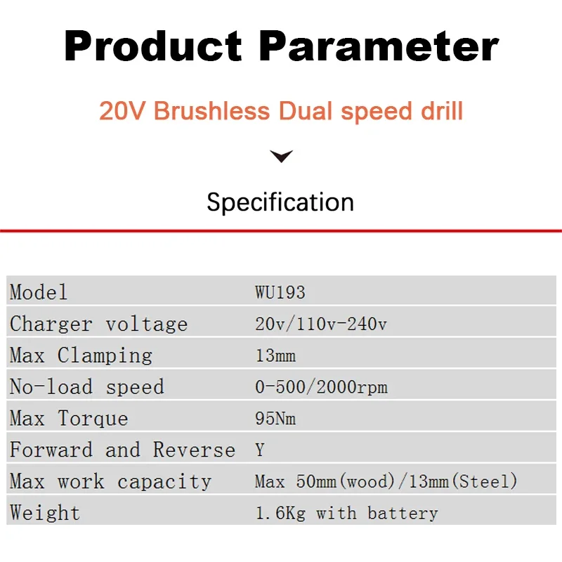 Worx WU193 Heavy Duty Cordless Dual Speed Drill Brushless 20v 95Nm 2000rpm for Metal and Wood Working Universal Green Battery