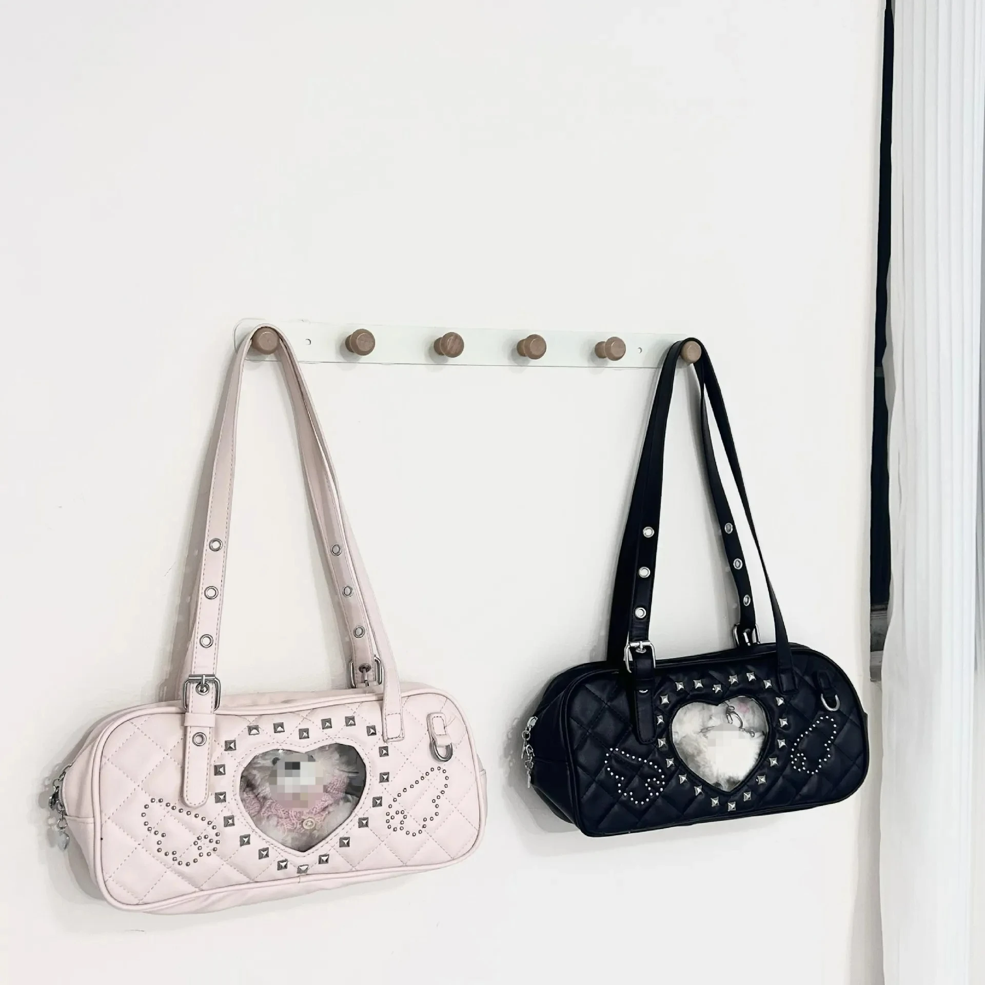 Pink Transparent Pocket Japanese Itabag Rivet Design Lolita Shoulder Bag PU Leather Harajuku Pain Bags Y2k Sweet Handbags Girls