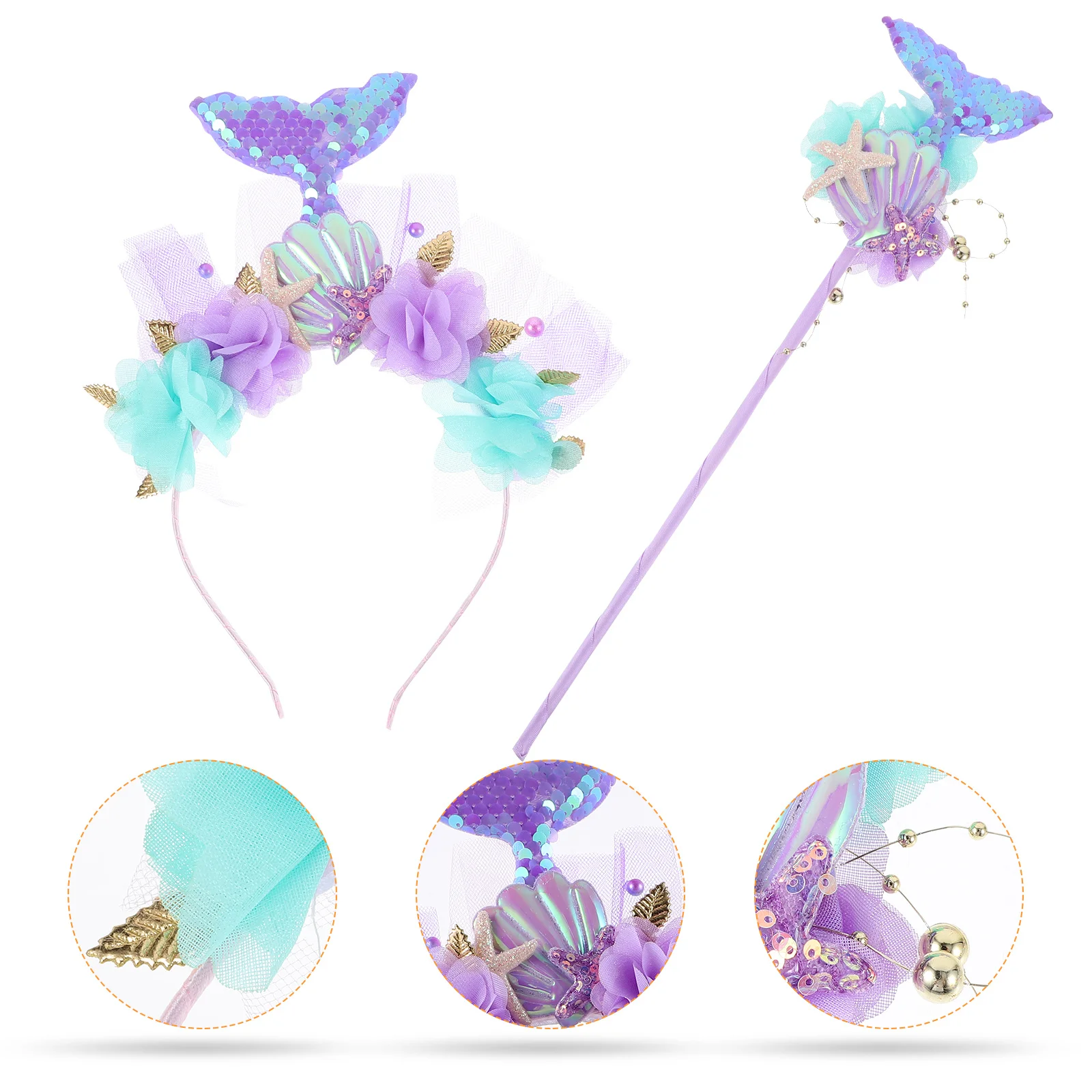 

1Set Mermaid Headband Mermaid Costume Sequin Tail Wand Cosplay Party Accessory Decorative Fairy Wand Accessory