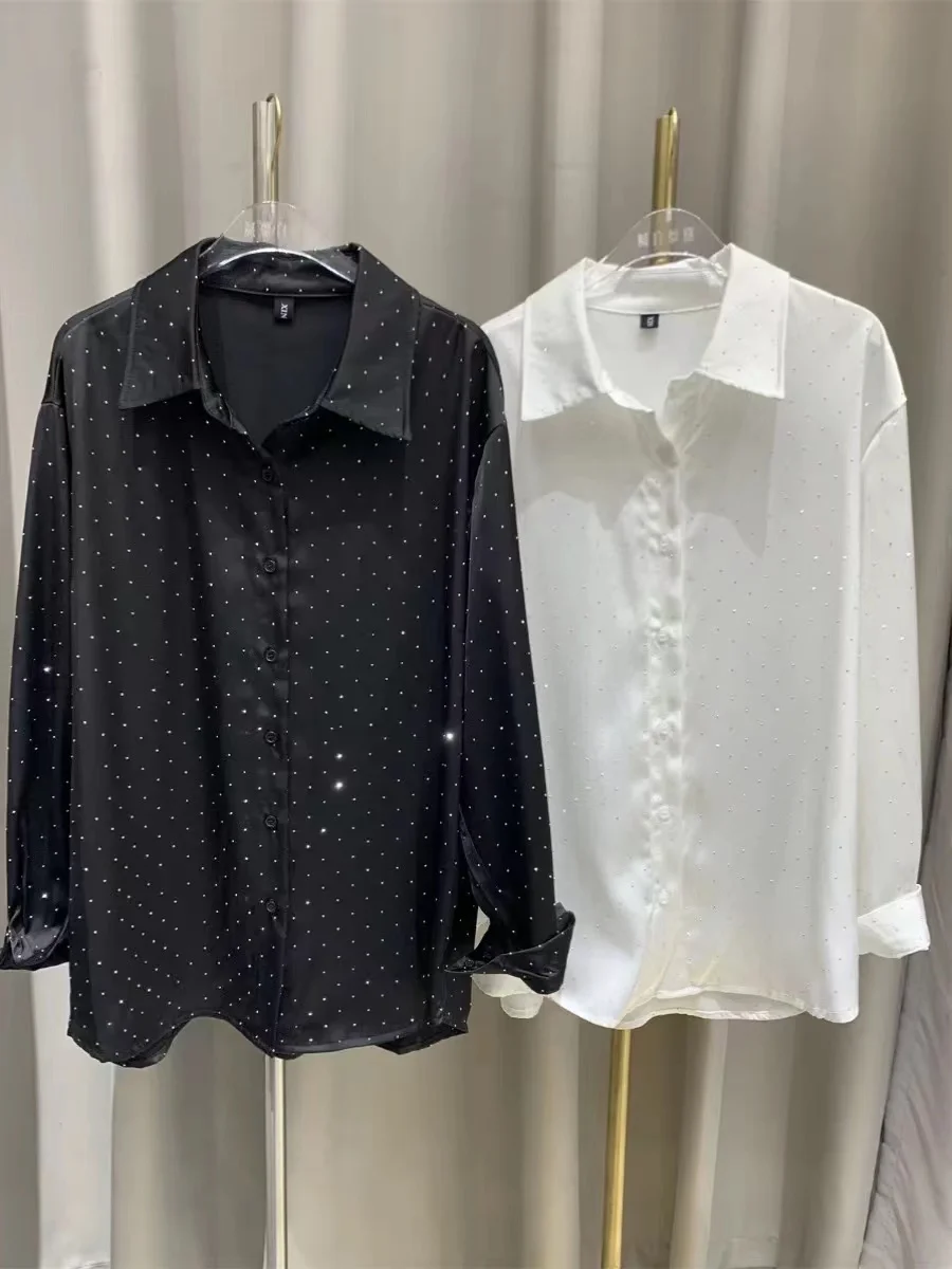 Luxury Style Hot Drilling Smooth Acetate Shirt For Women Long Sleeve Black White Buttons Up Blouse High Street Top Blusas