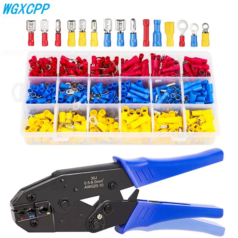 

300/700/1400 PCS Boxed Insulated Crimp Terminal+HS-30J Crimping Pliers,2.8/4.8/6.3mm Male Female Electrical Connector Kit