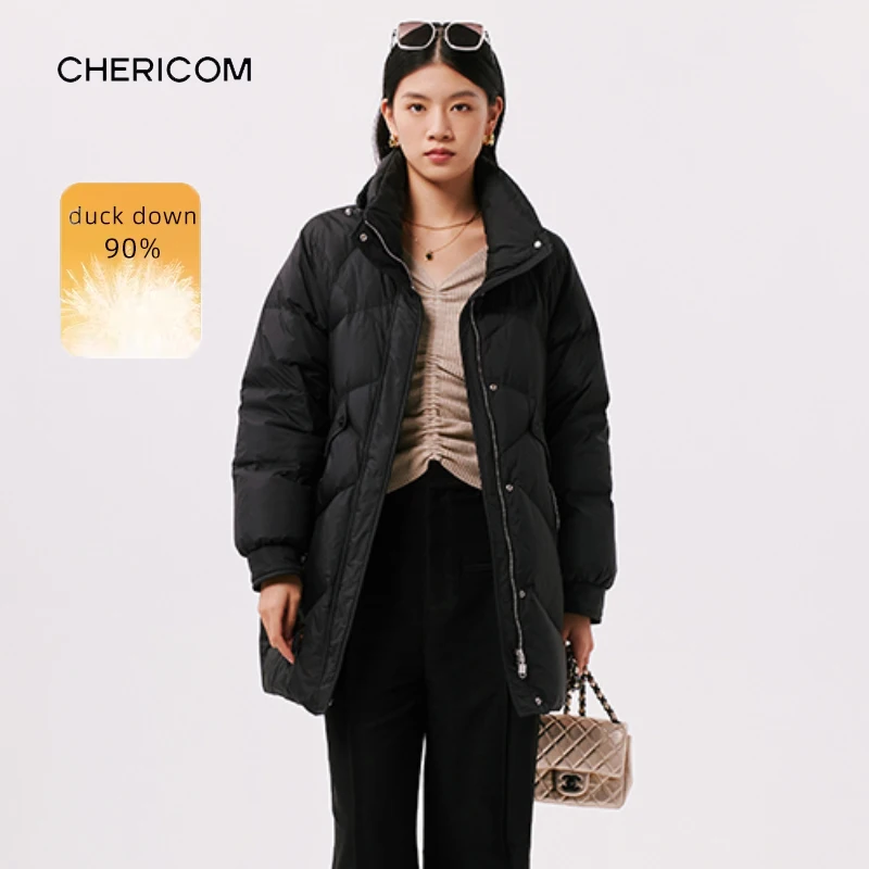 Chericom Halflange donsjas Opstaande kraag Zijzakken 2025, Stijlvolle pufferjas Verdikte winterdamesbovenkleding Y299173Y