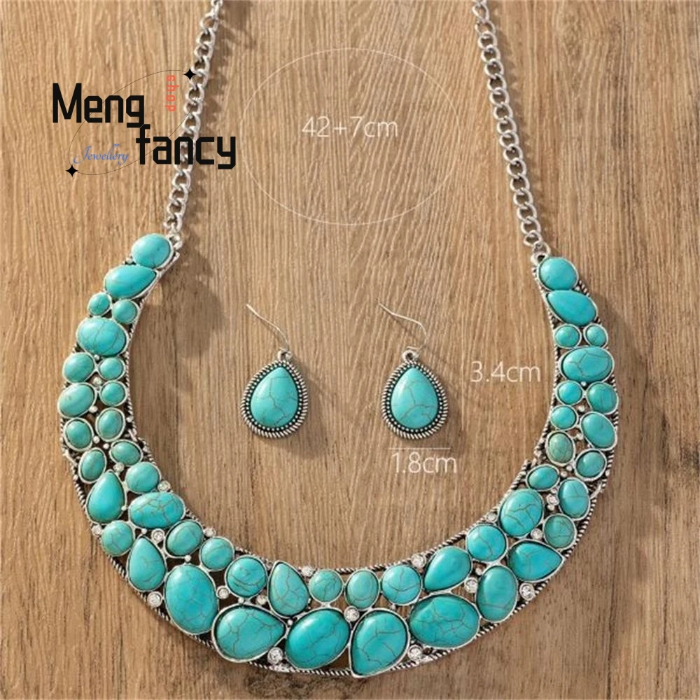 Natural Retro Western Fashion Card Neck Turquoise Necklace Earrings Simple Exquisite Fashion Jewelry Best Selling Holiday Gifts