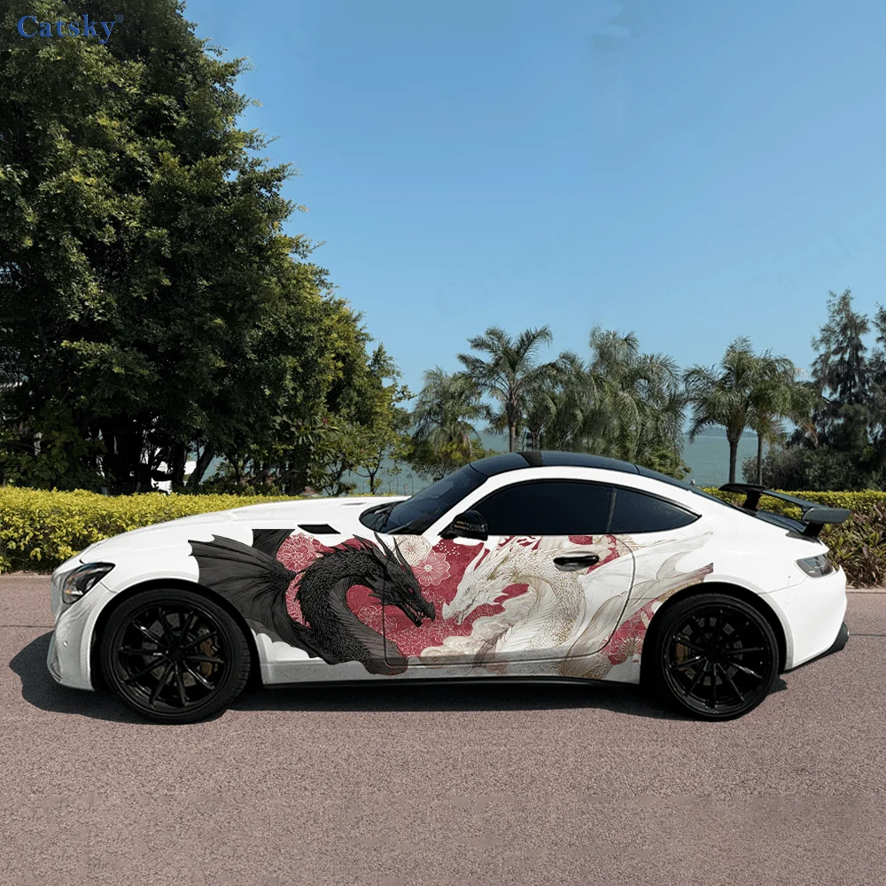 

2 шт. наклеек на боковые части автомобиля с изображением схватки двух драконов, самоклеящиеся, из ПВХ, водонепроницаемые и устойчивые к царапинам, аксессуар для автомобиля, подарок