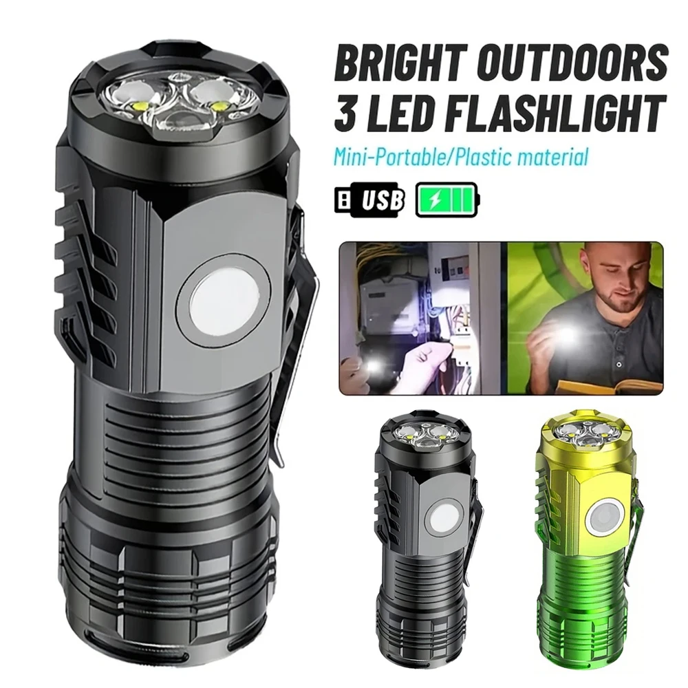 Superhelle 3-LED-Taschenlampe, tragbare Mini-Blitzlampe, wiederaufladbar, wasserdicht, für den Außenbereich, Notfall-Scheinwerfer mit Stiftclip