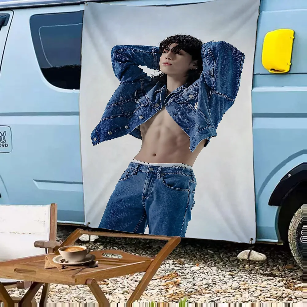 Kpop Singer J_J-JungkookES Tapestry Hand Pulled Flag to Hang Stall Cloth,Advertising Cloth,Class,Camping,Birthday Party Banners