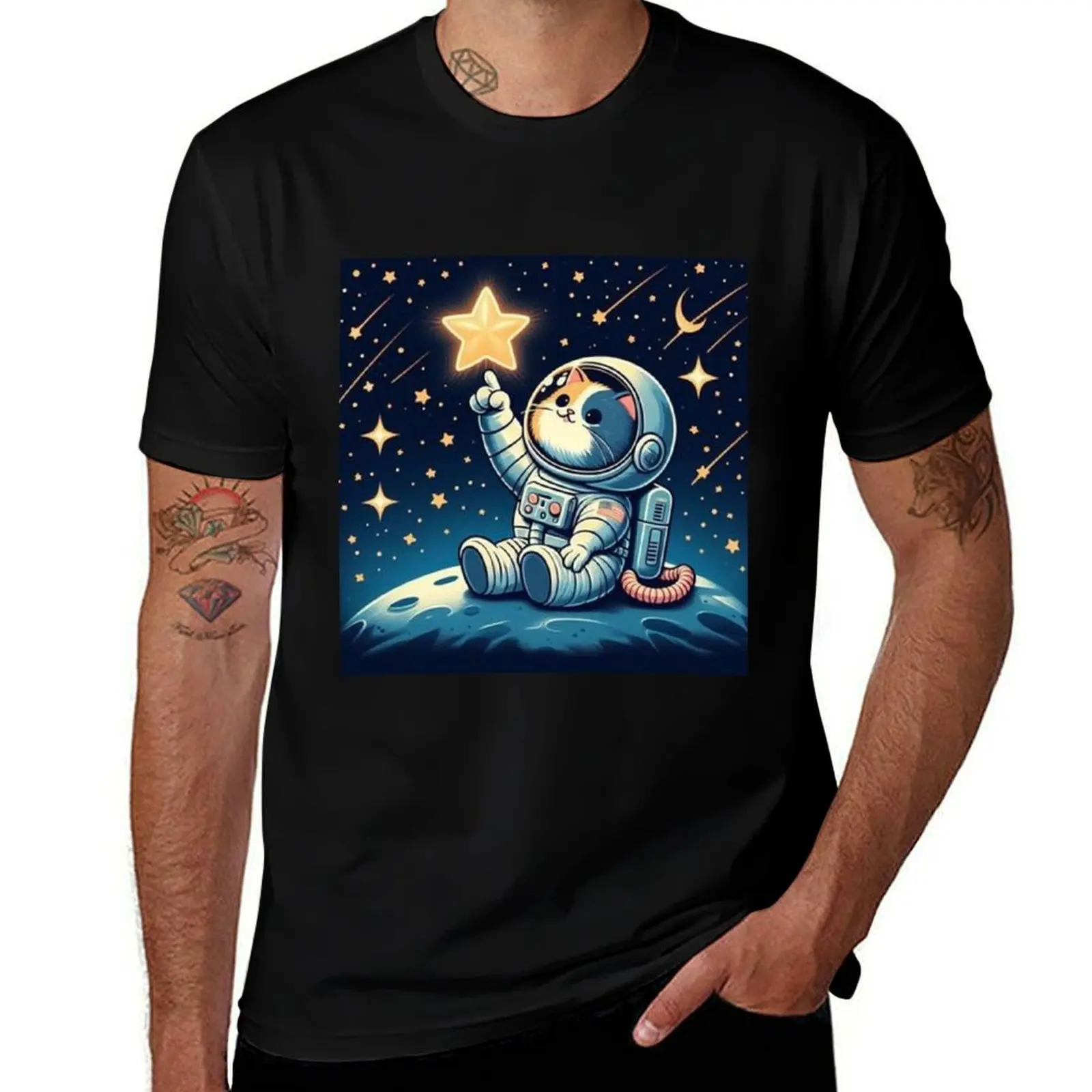 

astronaut cat touching a star T-Shirt Luxury man shirts graphic tee Anime t-shirt anime sweat shirts, men