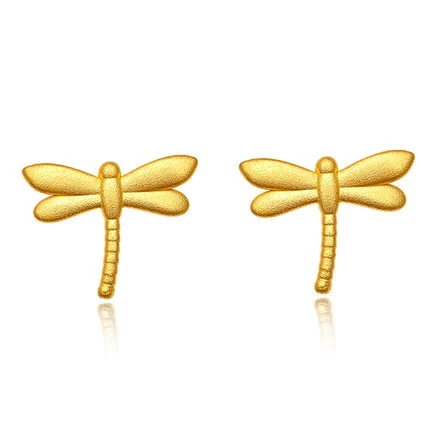 Pure 24K Yellow gold Earrings Women 999 Gold 3D Dragonfly Stud Earrings