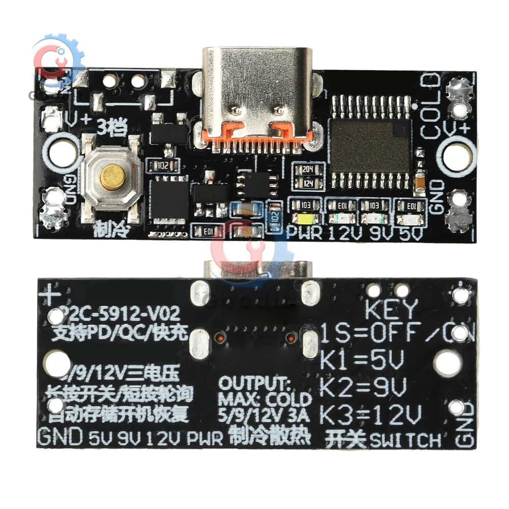 Dual Output Fast Charger Adapter PD2.0 PD3.0 QC2.0 5V/9V/12V Adjustable with 4-Color LED for Phone Cooler Semiconductor DIY