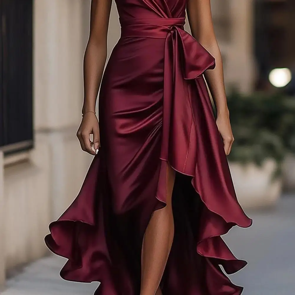 サテンフリルミディドレス レディースドレス ワイドヘムドレス レディースVネックハイロープロムガウン ホルタータイウエストカクテルパーティーウェディング