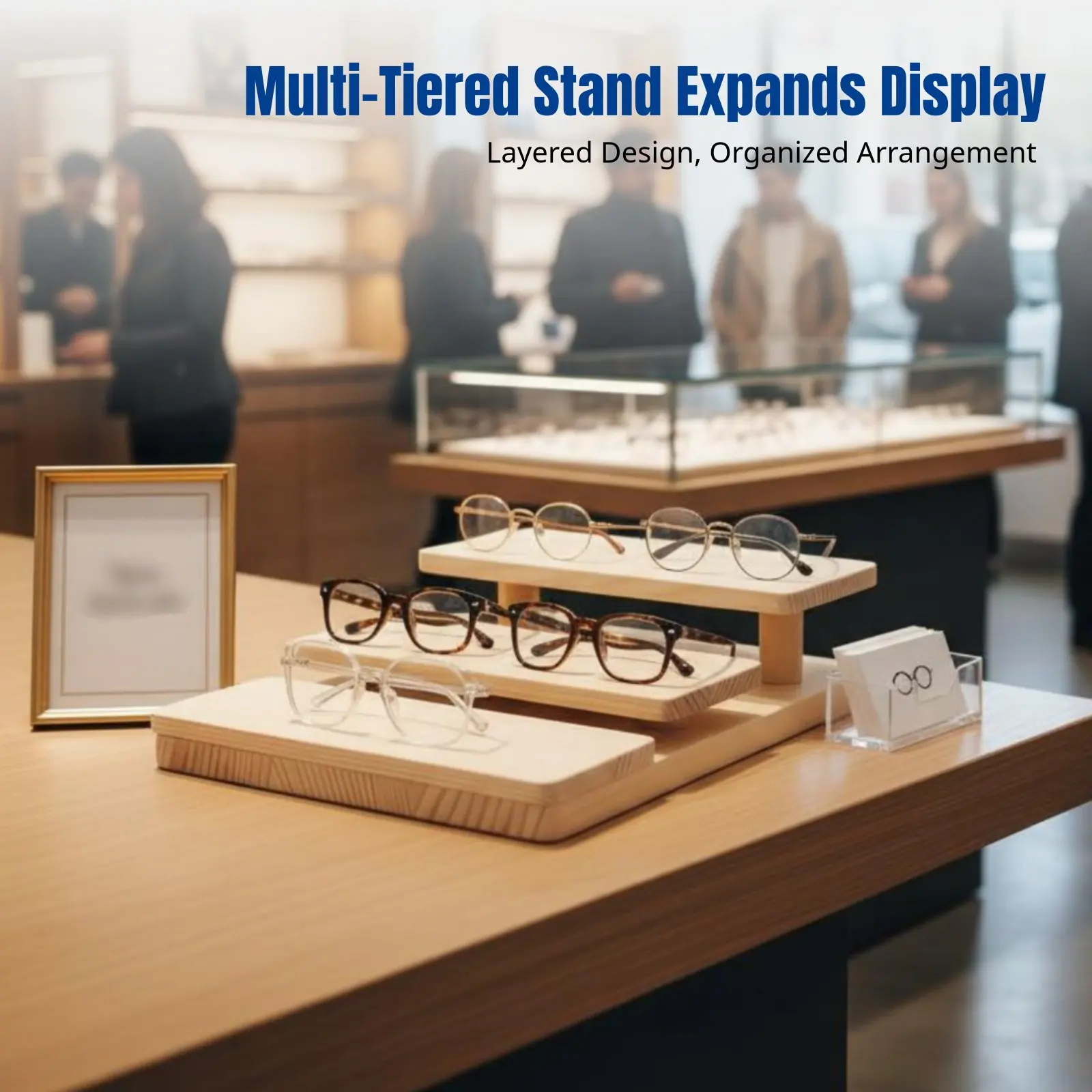 Sturdy Wooden Glasses Display Stand, Multitier Step Rack, Eyewear Shop Organizer, Minimalist Nordic Design, Wooden Showcase Prop