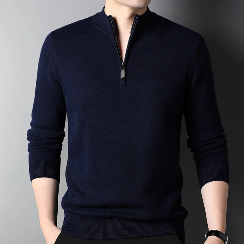 Men's Wool Knitted Pullover Thick Trend Sweater High-end Fabrics Best-selling Sweaters Mock Neck Zipper Collar Korean Version