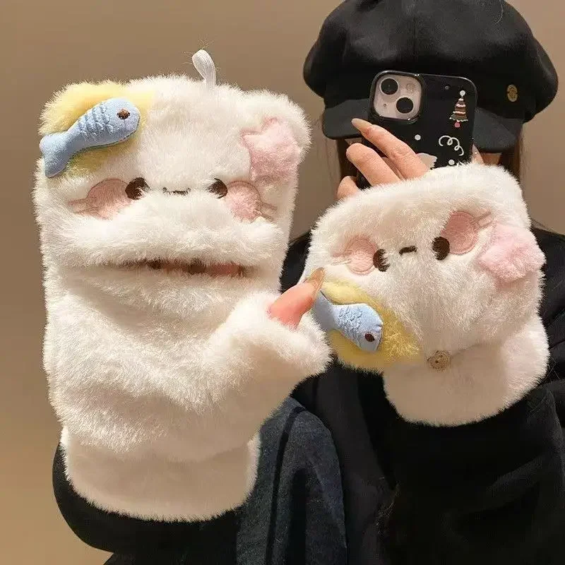 Плюшевые перчатки с милым котом, теплые и холодные студенческие перчатки, женские зимние мягкие бархатные утолщенные перчатки с клапаном, декор для девочек