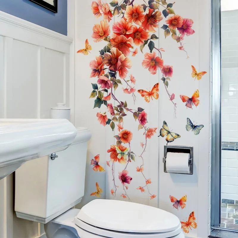 Red Flower Wall Sticker Vine Waterproof Wall Decals Flowers Butterfly Wallpaper Living Room Bedroom Home Decor Kitchen Wall Art