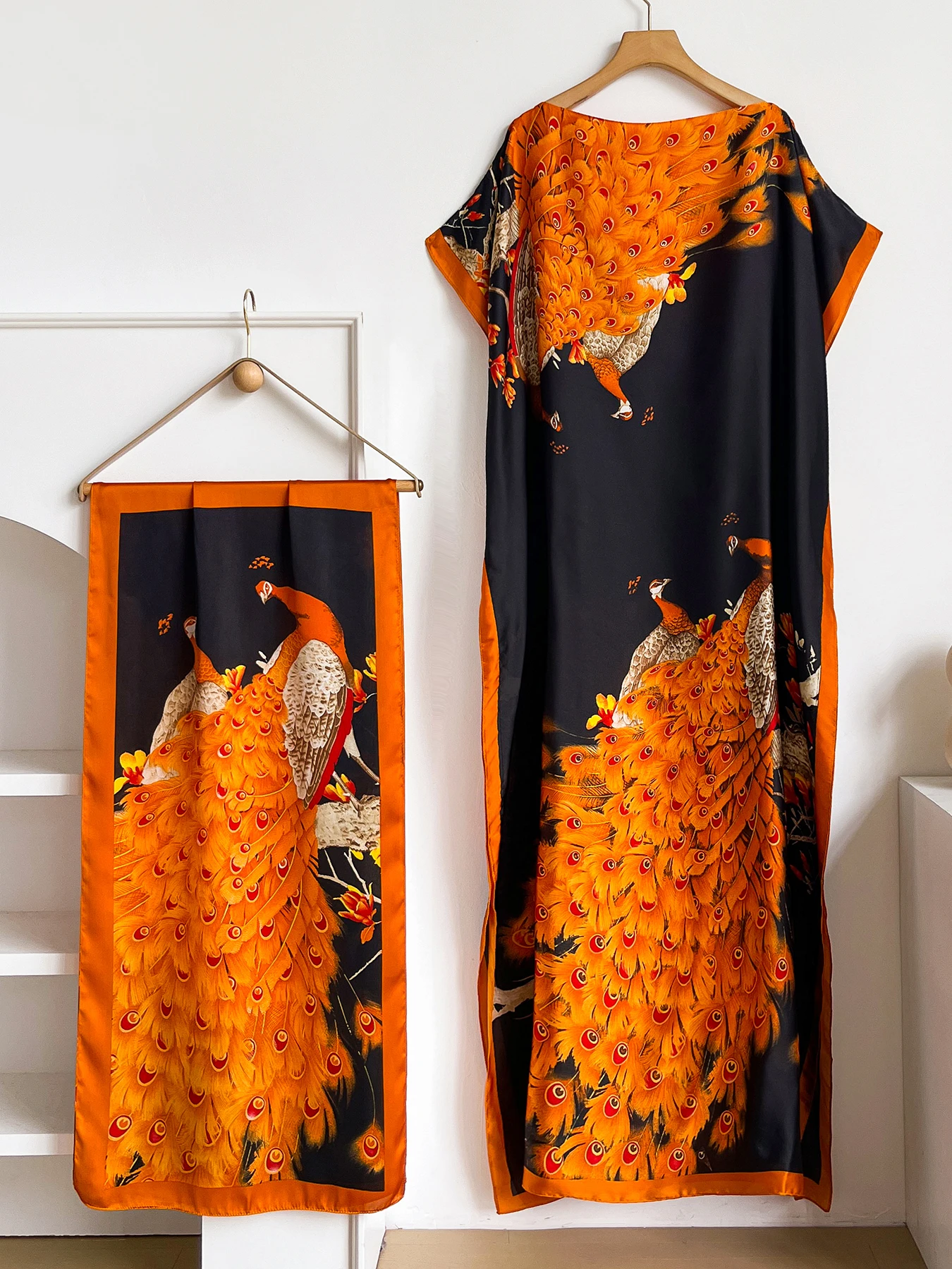 Summer Boho Peacock Paisley Print Abaya With Matching Scarf, Loose Maxi Kaftan Dress For African Muslim Women Holiday Beach Wear