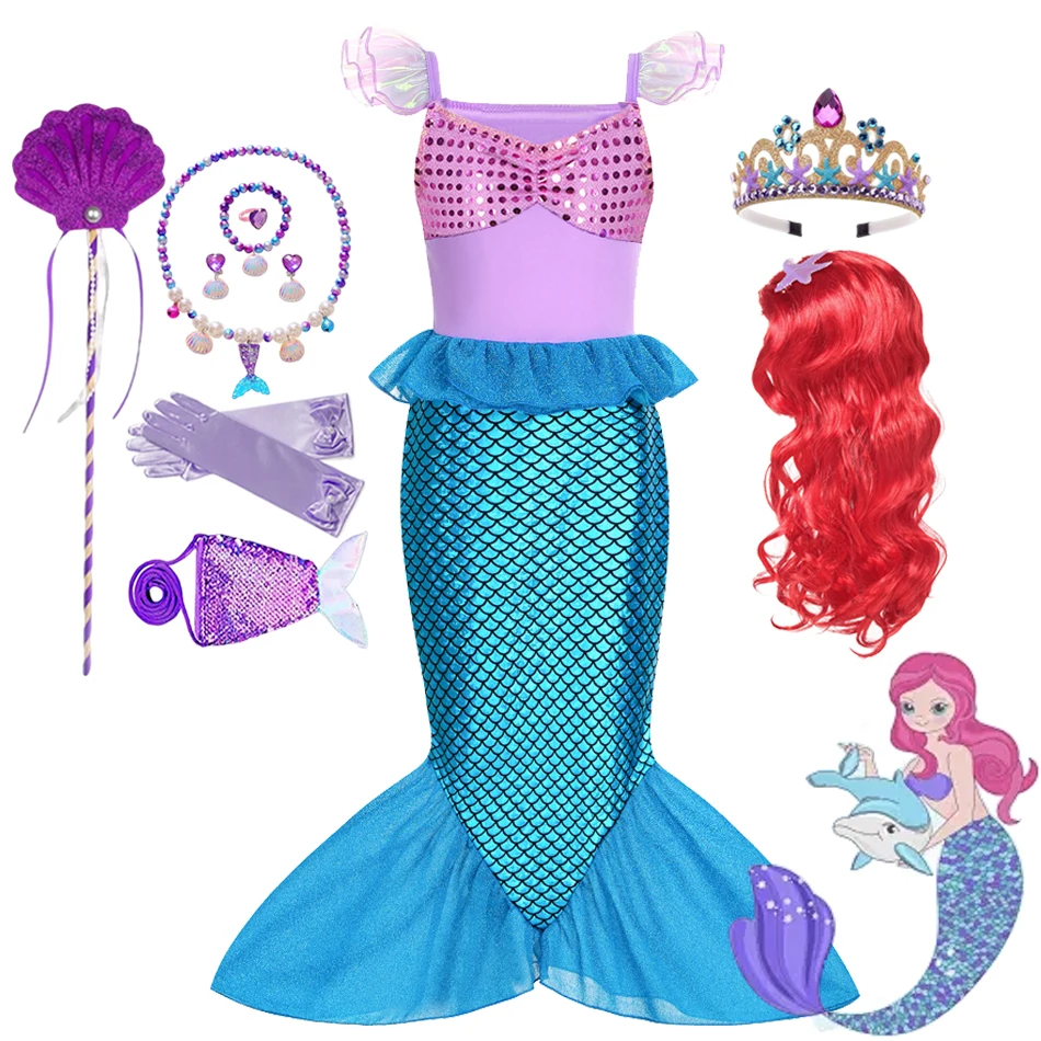 

Girls Ariel Princess Little Mermaid Dress Halloween Cosplay Kids Fantasy Disguise Costume Children Carnival Birthday Party Dress