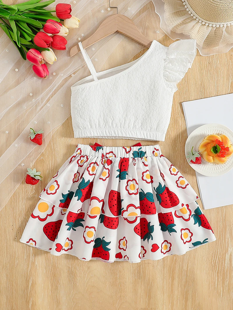 Girls Summer Skirt Set 1-5Y Slanted Shoulder Suspender Camisole+Strawberry Printed Skirt 2pcs Children's Clothing Kid's Outfit