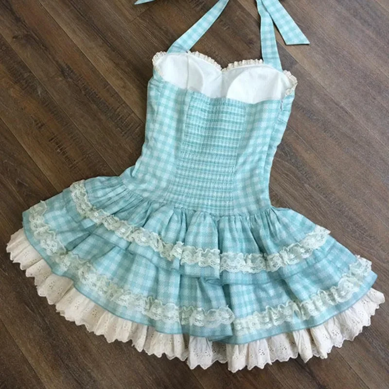 فستان بحزام تنحيف منقوش باللون الأزرق بعقدة على شكل فراشة حلوة للطالبات، تنورة قصيرة برقبة على شكل حرف V، طول الأكمام الكاملة، أصل صيني #3