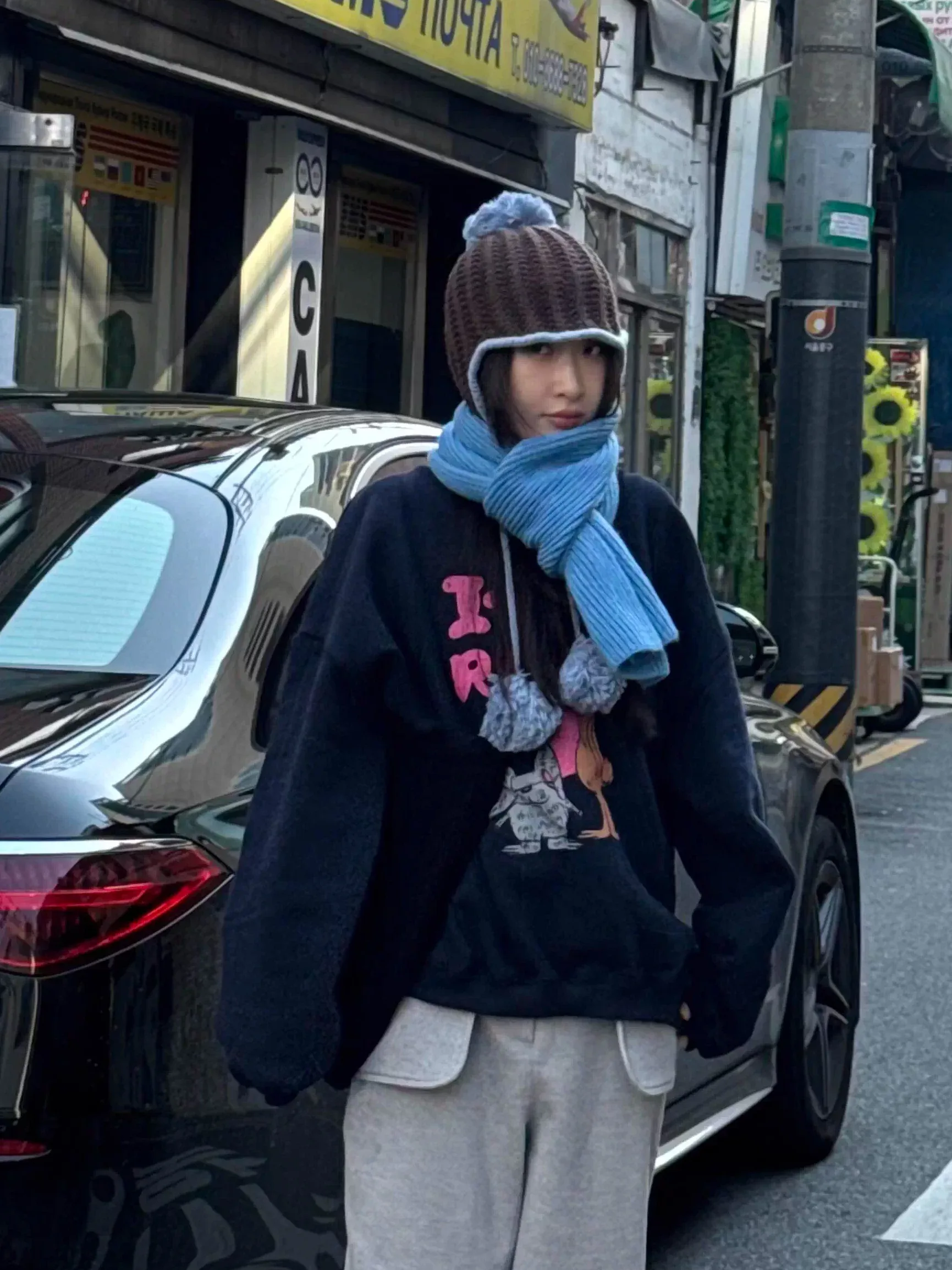 이스트 토데이 히트 카툰 프린트 라운드 넥 스웨트셔츠 순면 루즈핏 캐주얼 가을 겨울 여성 패션 스트리트웨어