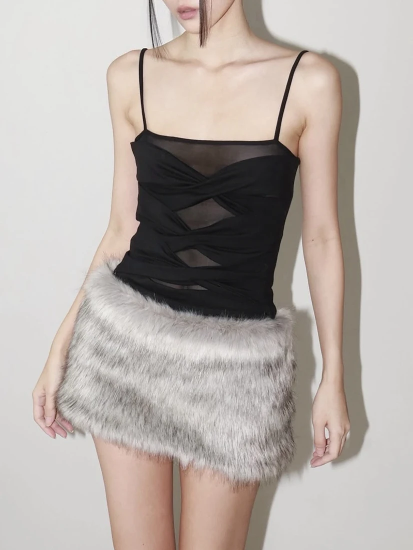 

k Millennium Spicy Girl Pleated Cross Design Me Strap Dr Women's Furry Wrap around Skirt High Waist Polyester Blend