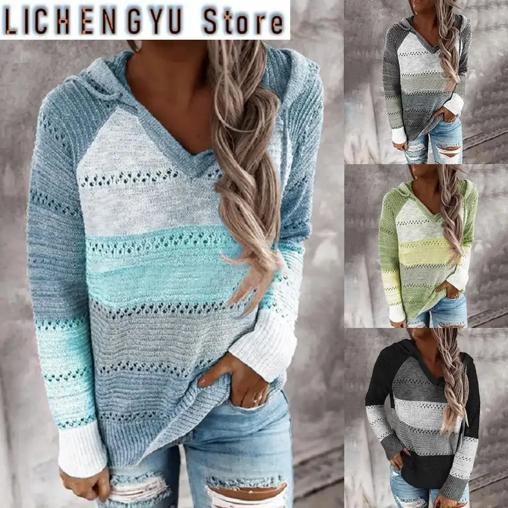 

Плюс размер 5XL, осенне-зимний женский пуловер, модный лоскутный вязаный свитер с длинными рукавами, топы, женский вязаный крючком полый свитер с капюшоном