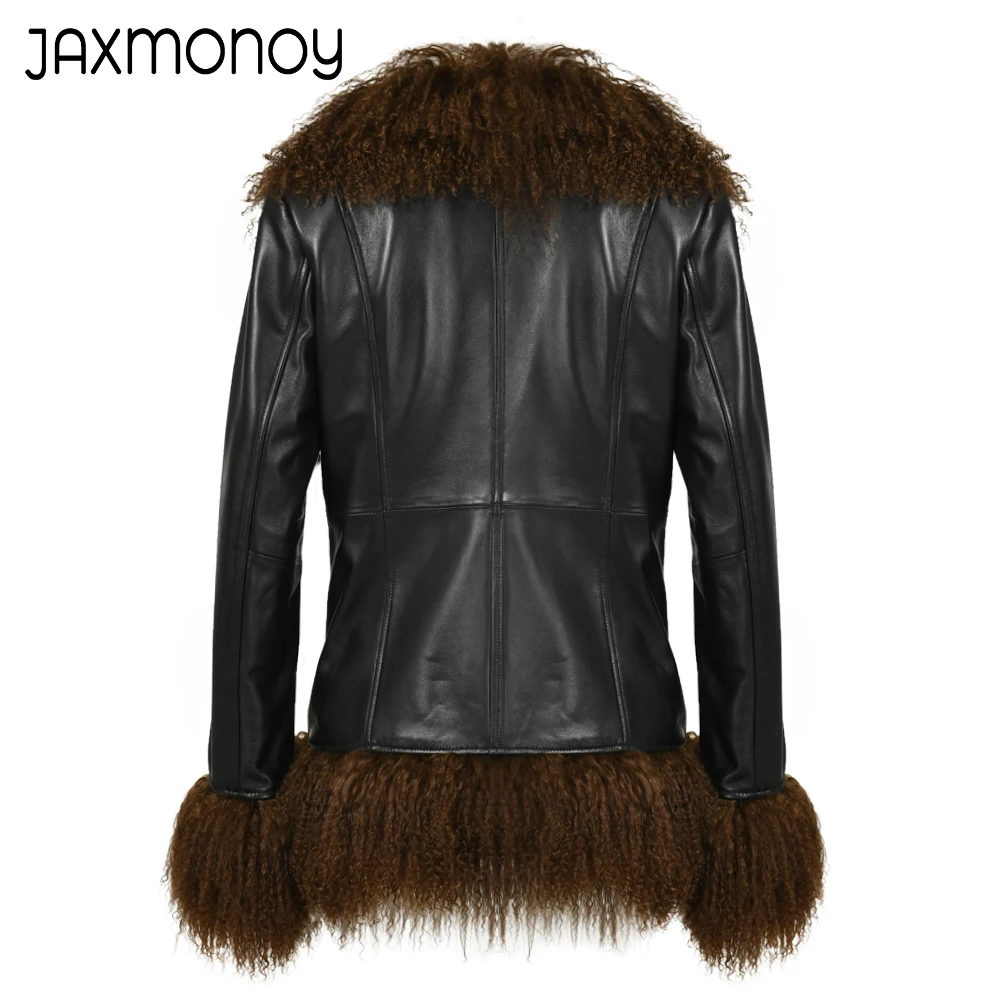 Jaxmonoy jaket kulit asli untuk wanita jaket kulit domba asli dengan bulu asli Mongolia Trim musim gugur musim dingin pakaian luar mewah wanita