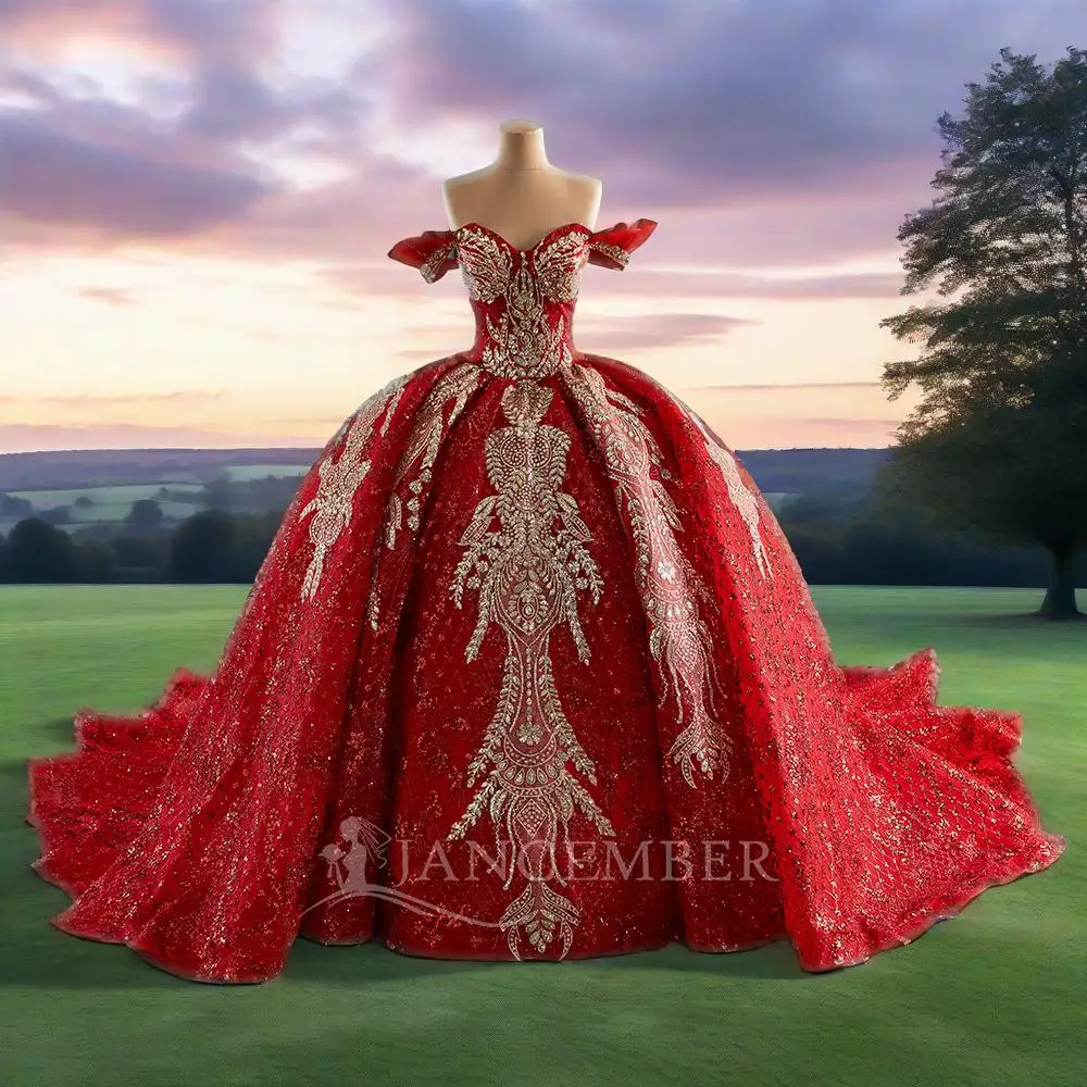 

Блестящее красное платье Quinceanera по индивидуальному заказу, бальное платье с короткими рукавами и блестками, с круглым вырезом, расшитое бисером, Sweet 16, Vestidos De 15 Anos